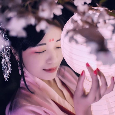夜晚粉櫻帶燈女生頭像，唯美古風真人頭像