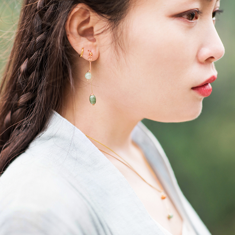 清新微雨耳環(huán)，天然冰種翡翠9K金珠耳釘首飾