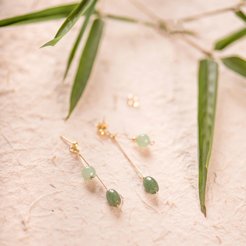 清新微雨耳環(huán)，天然冰種翡翠9K金珠耳釘首飾