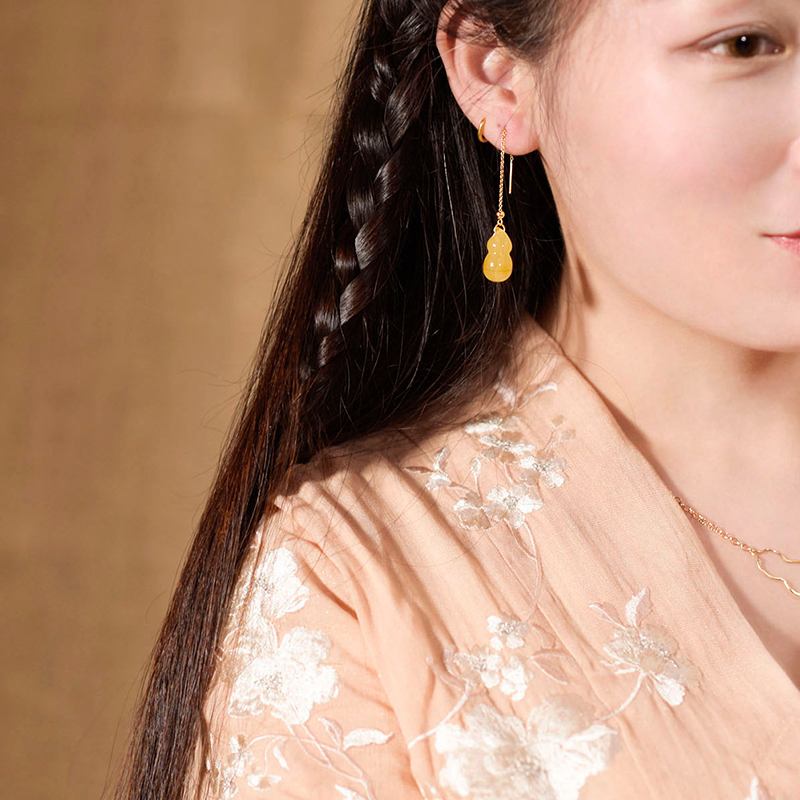 福祿蜜蠟葫蘆耳環(huán)，天然蜜蠟9K金耳線首飾