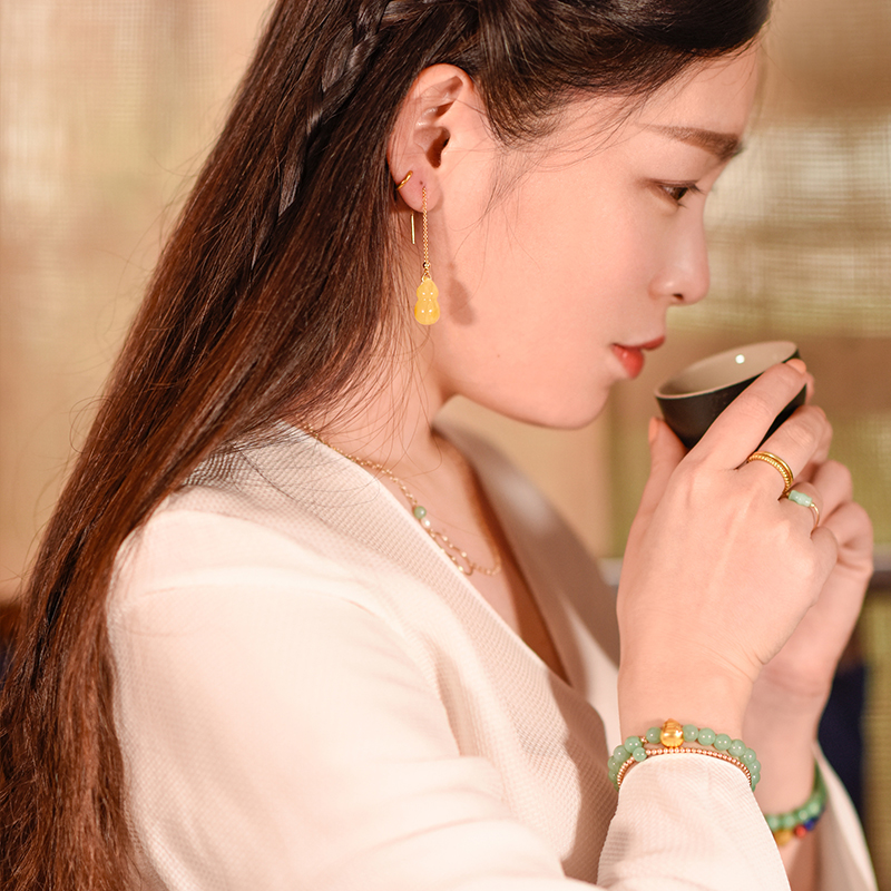 福祿蜜蠟葫蘆耳環(huán)，天然蜜蠟9K金耳線首飾