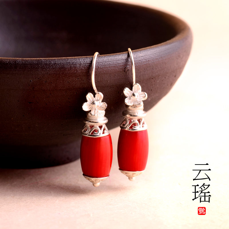 云瑤紅珊瑚耳墜耳環(huán)，本命年民族風(fēng)首飾