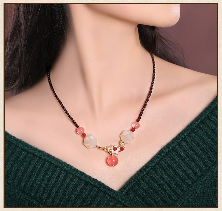 福連文苑情水晶粉色鎖骨鏈，氣質(zhì)時尚項鏈首飾