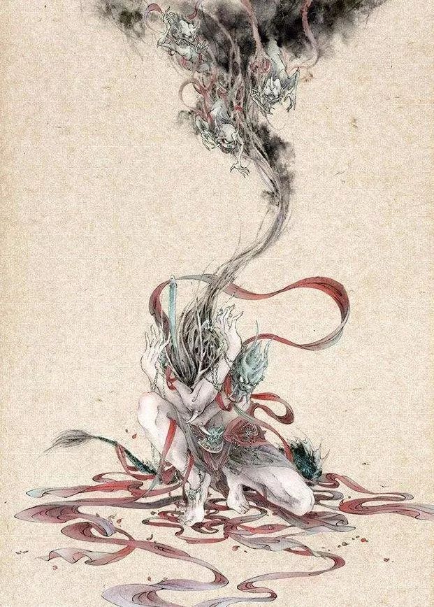 古典唯美插畫：杉澤的福連文苑水墨百鬼圖插畫