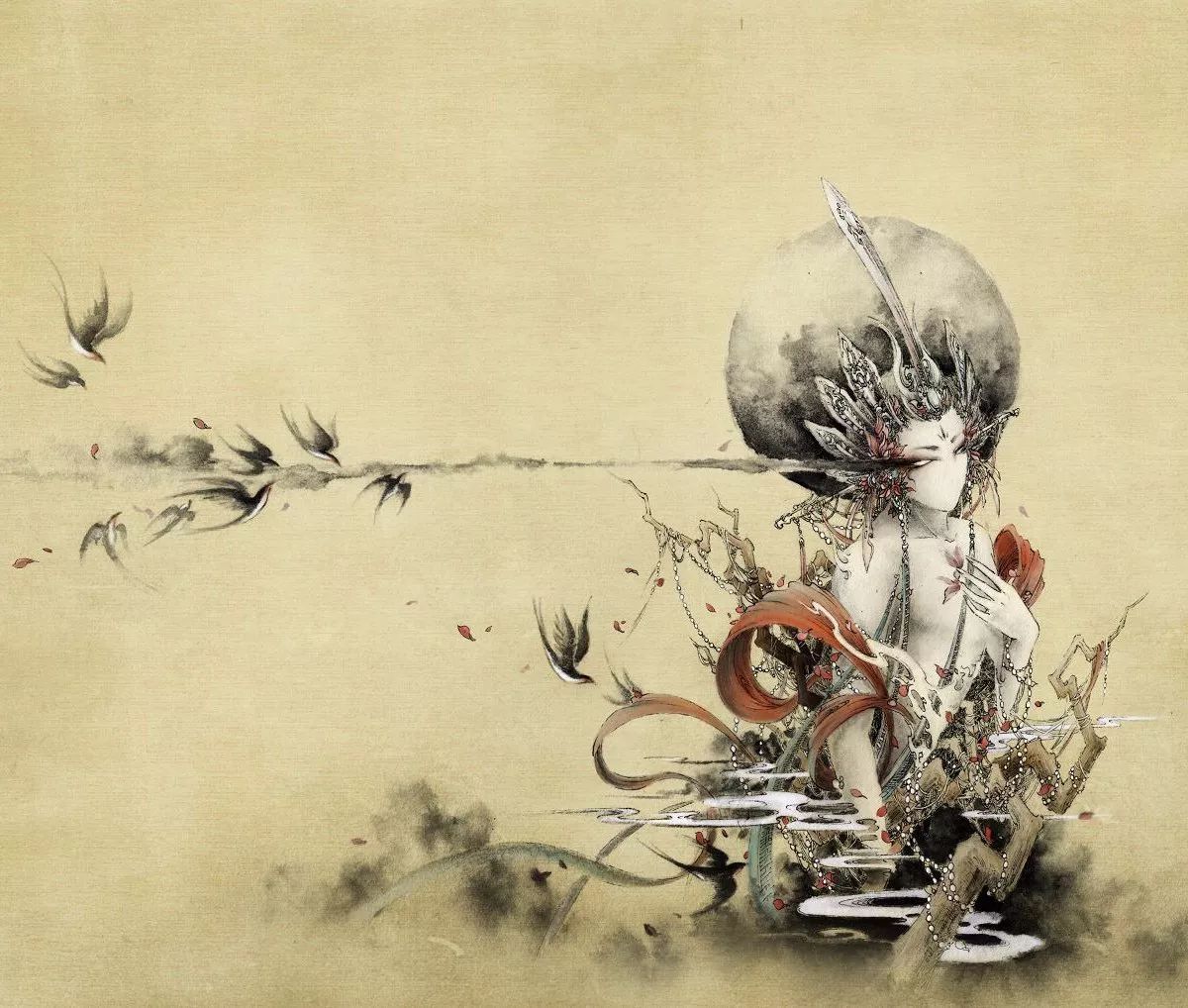 古典唯美插畫：杉澤的福連文苑水墨百鬼圖插畫