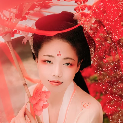 花間佳人帶傘女生頭像，唯美古風(fēng)真人頭像
