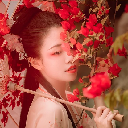 花間佳人帶傘女生頭像，唯美古風(fēng)真人頭像