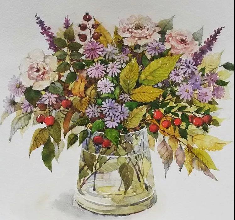 花團(tuán)錦簇時尚水彩插畫，唯美花卉插畫圖片