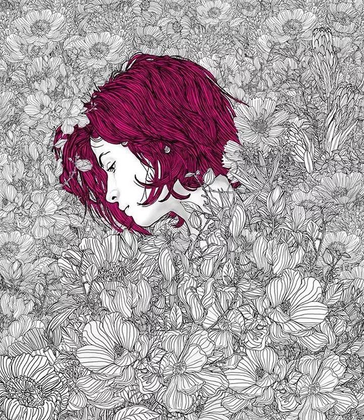 美人與花插畫：用線條淋漓盡致展現(xiàn)女性魅力！