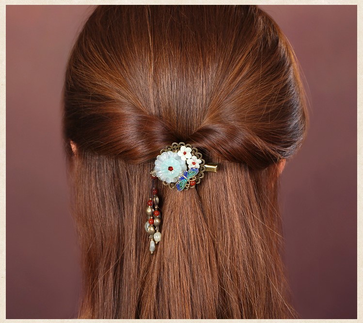 岫玉花朵發(fā)夾，復(fù)古流蘇發(fā)夾頭飾