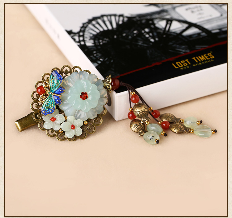 岫玉花朵發(fā)夾，復(fù)古流蘇發(fā)夾頭飾