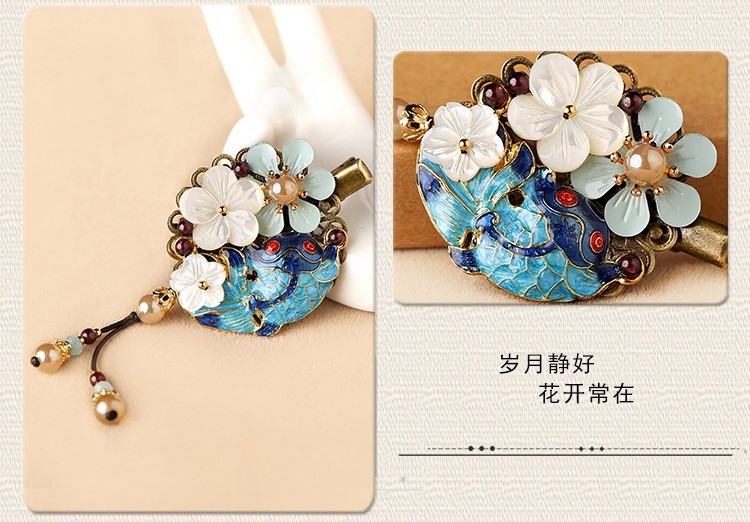 貝殼花朵流蘇小發(fā)夾，古風(fēng)藍(lán)魚(yú)兒發(fā)夾頭飾