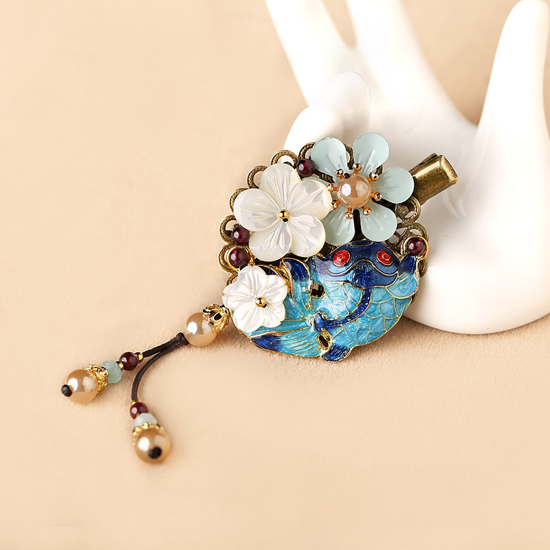 貝殼花朵流蘇小發(fā)夾，古風(fēng)藍(lán)魚(yú)兒發(fā)夾頭飾