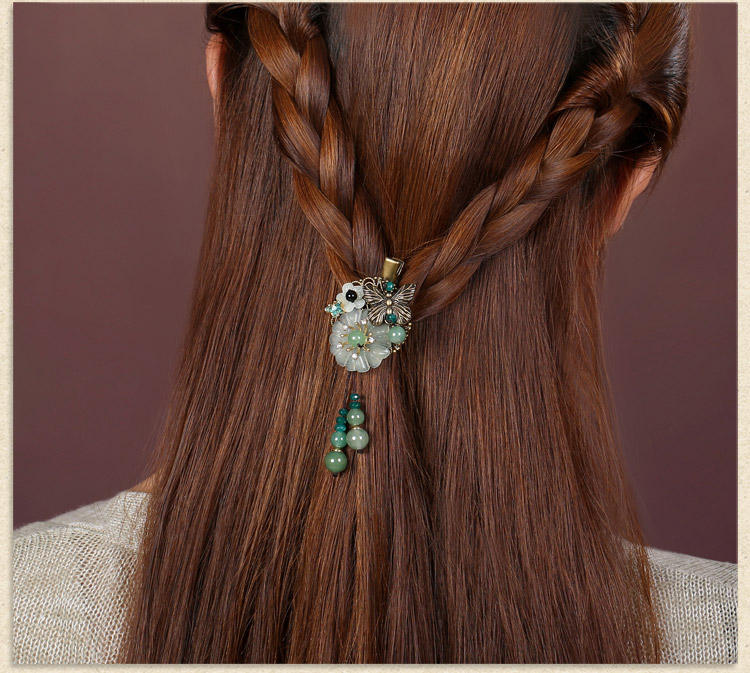 古銅花朵流蘇小發(fā)夾，岫玉花朵發(fā)夾頭飾