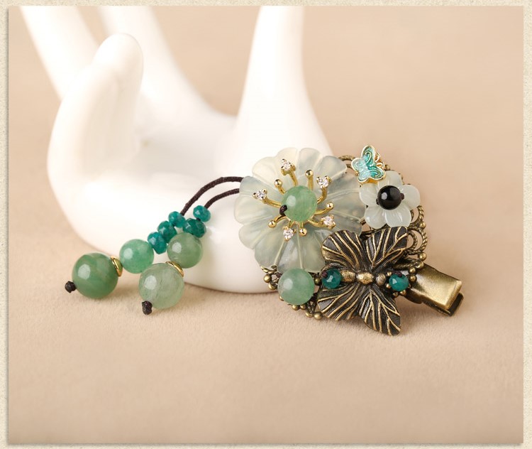 古銅花朵流蘇小發(fā)夾，岫玉花朵發(fā)夾頭飾