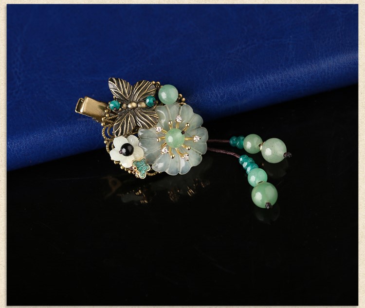 古銅花朵流蘇小發(fā)夾，岫玉花朵發(fā)夾頭飾