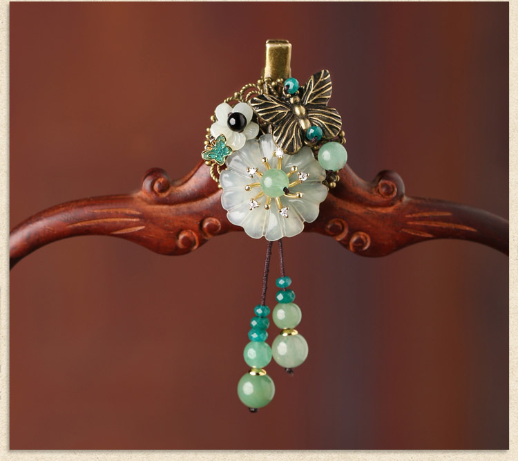 古銅花朵流蘇小發(fā)夾，岫玉花朵發(fā)夾頭飾