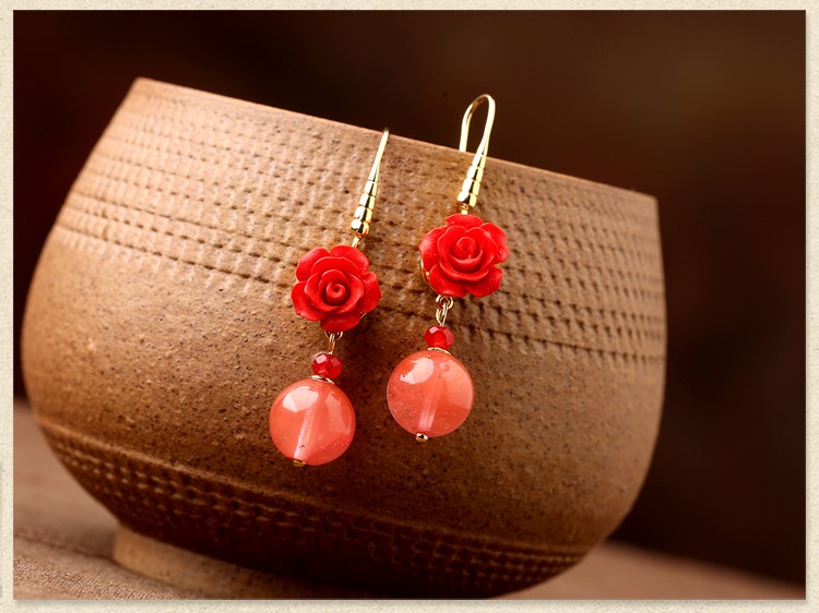鮮紅玫瑰花耳環(huán)，精致古風(fēng)氣質(zhì)甜美耳環(huán)首飾