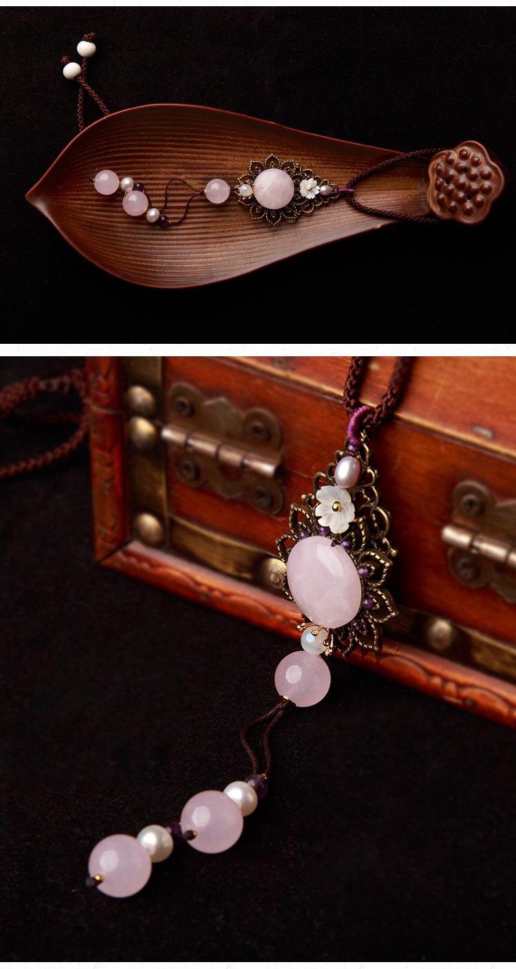 粉妝玉砌項鏈，水晶吊墜復古風毛衣鏈首飾