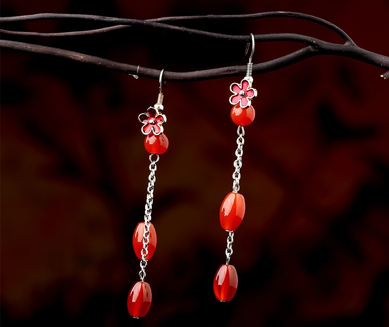 緋云夕陽(yáng)耳環(huán)：古典銀鏈子長(zhǎng)款耳環(huán)首飾