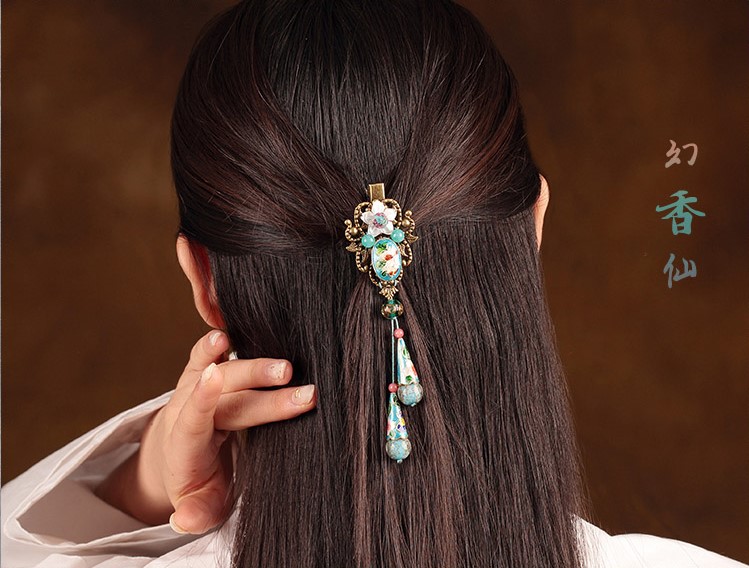 清悠靜雅幻香仙發(fā)夾，古典景泰藍(lán)發(fā)飾頭飾