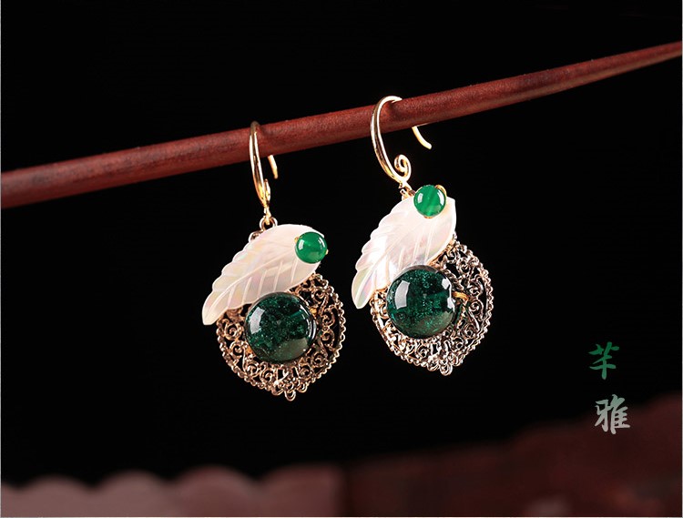 貝殼樹葉琉璃耳墜首飾，古風氣質(zhì)清新耳環(huán)