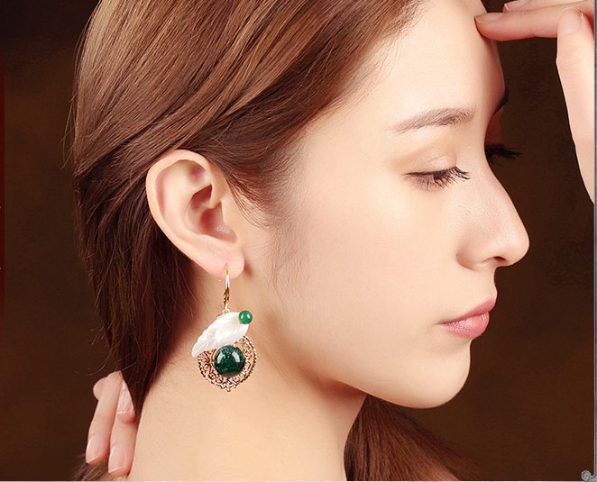 貝殼樹葉琉璃耳墜首飾，古風氣質(zhì)清新耳環(huán)