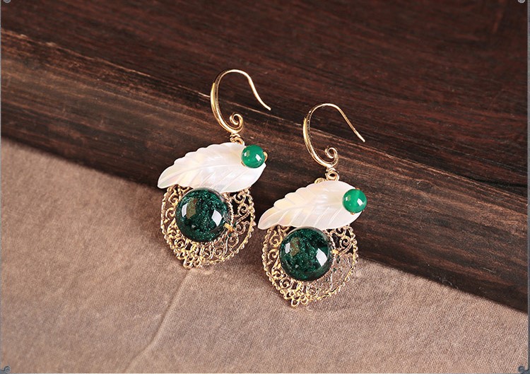 貝殼樹葉琉璃耳墜首飾，古風氣質(zhì)清新耳環(huán)