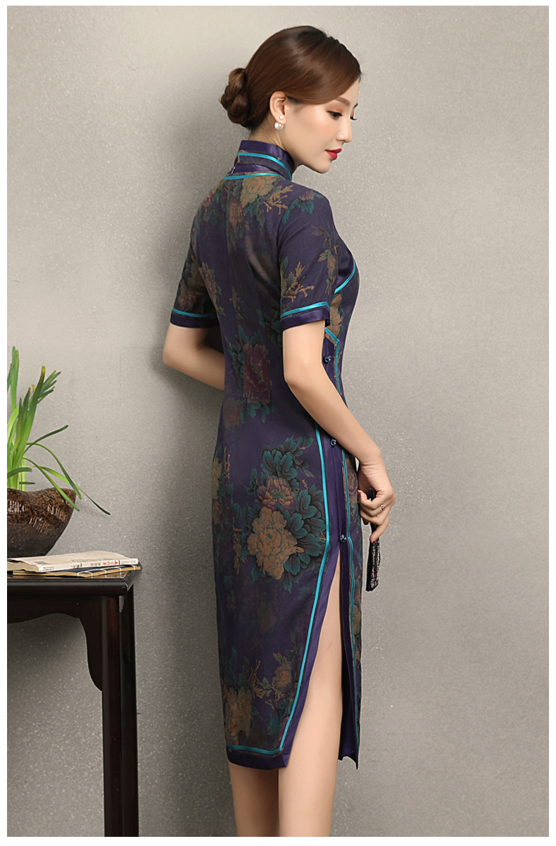 紫韻真絲香云紗旗袍，復(fù)古改良短袖旗袍裙