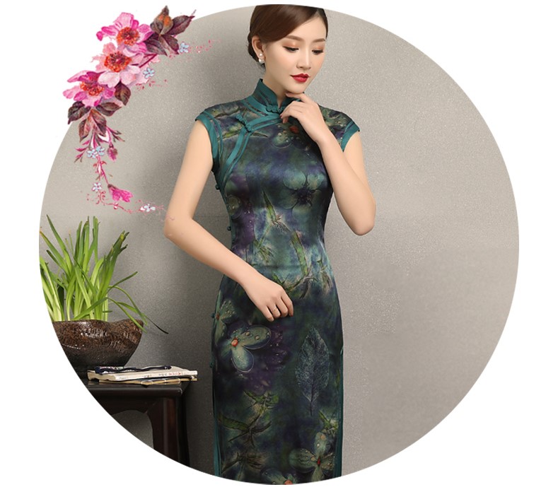 墨綠碧枝印花旗袍，復(fù)古改良短袖長(zhǎng)款旗袍裙