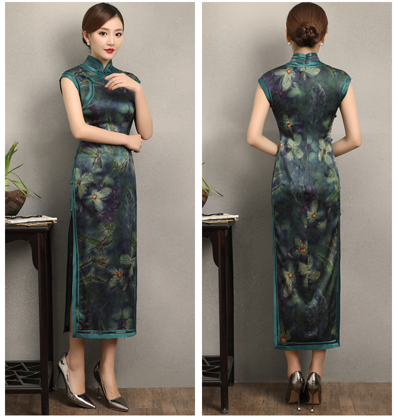 墨綠碧枝印花旗袍，復(fù)古改良短袖長(zhǎng)款旗袍裙