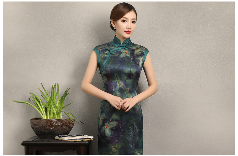 墨綠碧枝印花旗袍，復(fù)古改良短袖長(zhǎng)款旗袍裙