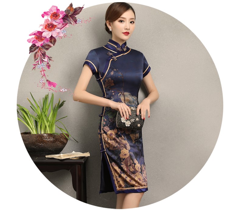 嫻云真絲旗袍，氣質(zhì)印花雅致旗袍裙