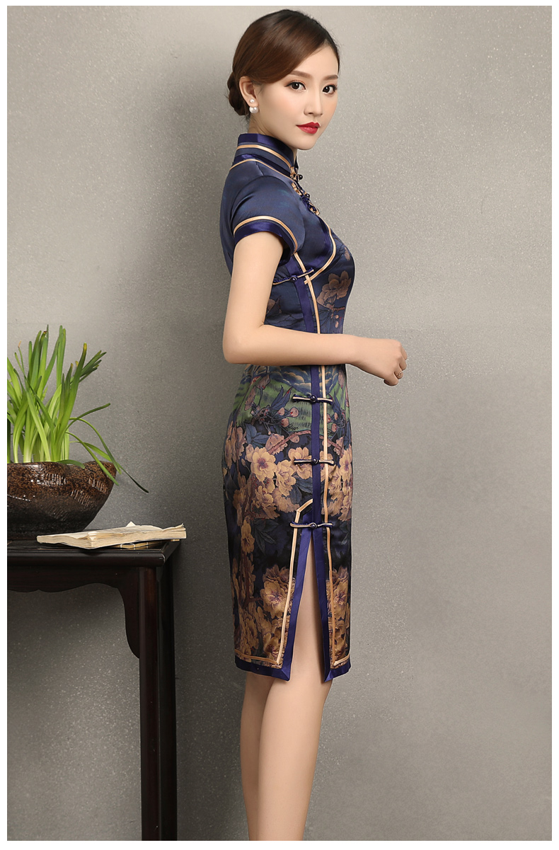 嫻云真絲旗袍，氣質(zhì)印花雅致旗袍裙