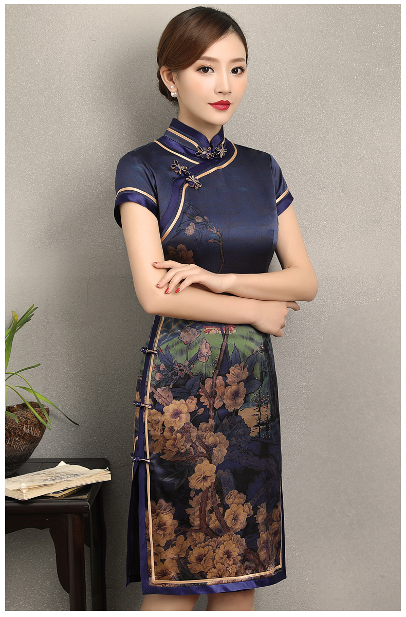 嫻云真絲旗袍，氣質(zhì)印花雅致旗袍裙