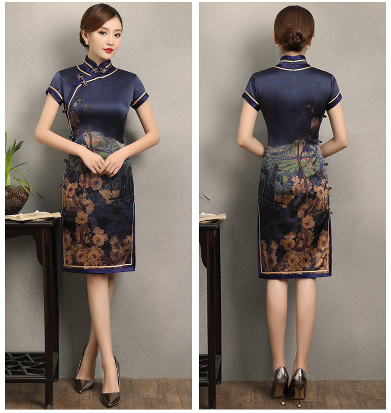 嫻云真絲旗袍，氣質(zhì)印花雅致旗袍裙
