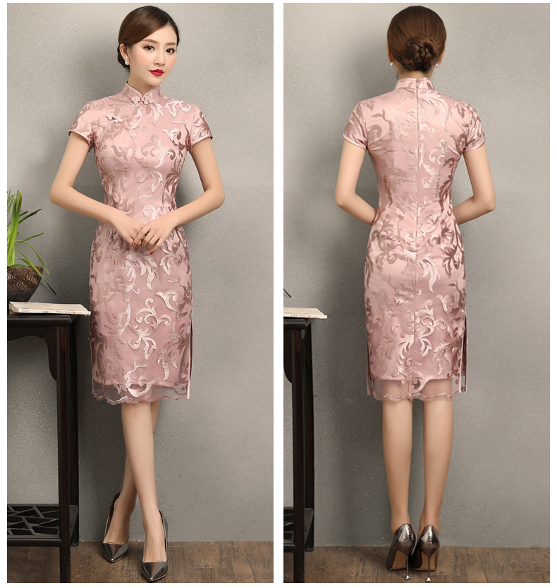 粉蕓蕾絲繡花旗袍，清新淡雅時(shí)尚旗袍裙