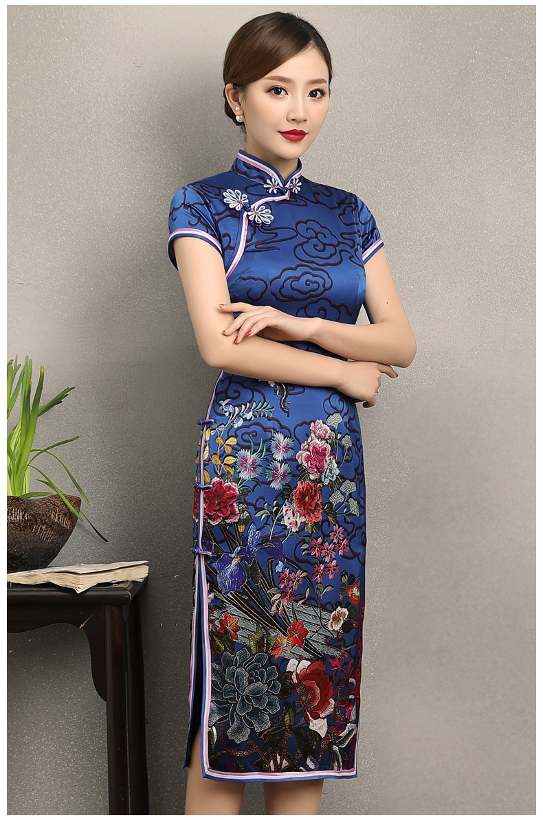 藍云真絲旗袍，古典祥云旗袍裙