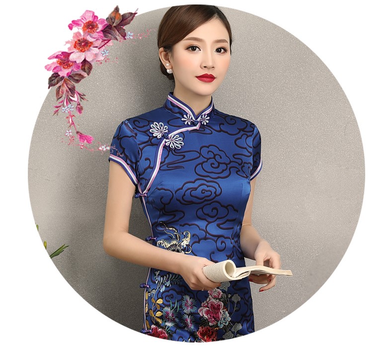 藍云真絲旗袍，古典祥云旗袍裙