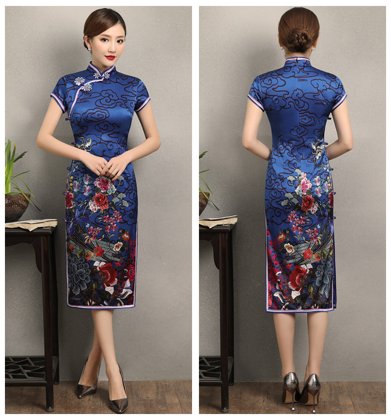藍云真絲旗袍，古典祥云旗袍裙