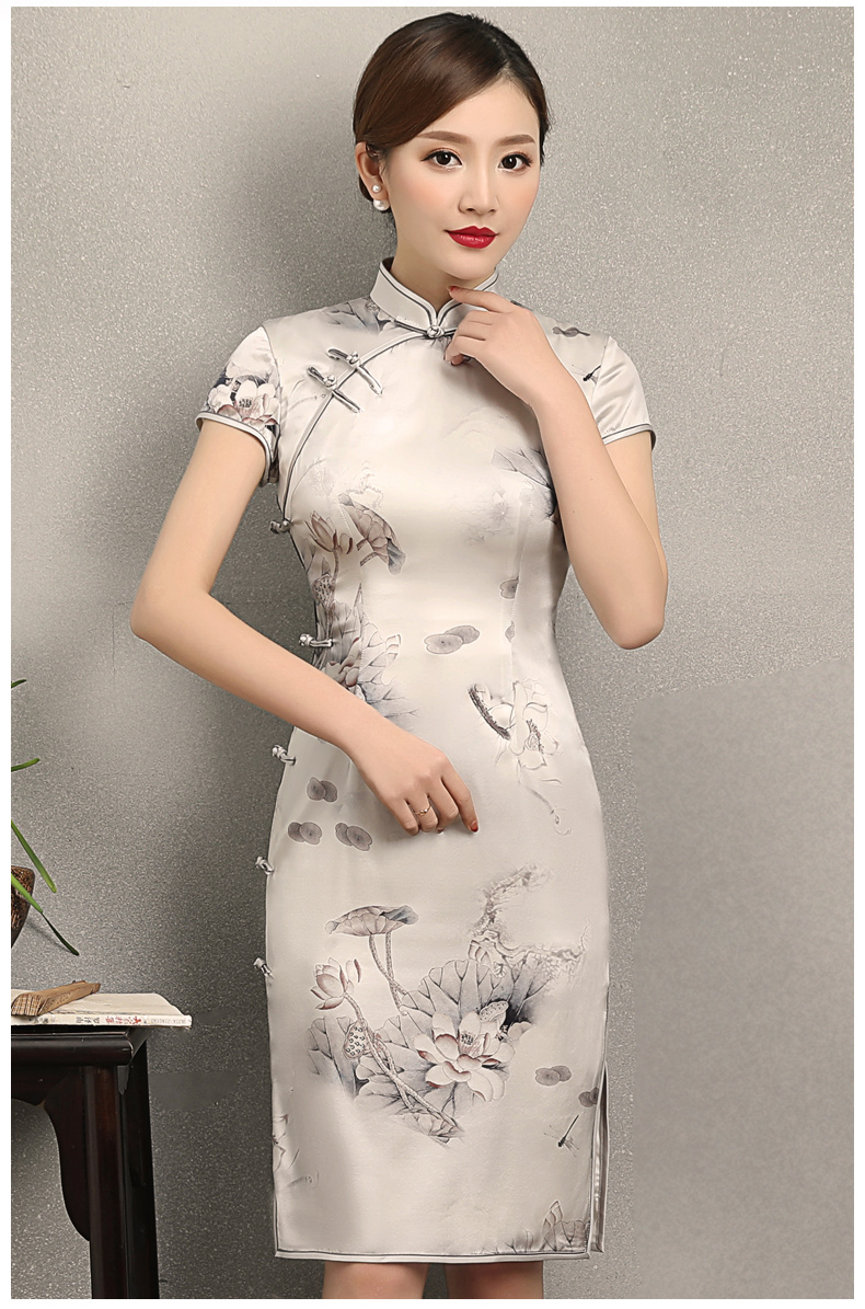 荷香四溢短袖旗袍，中式印花旗袍裙