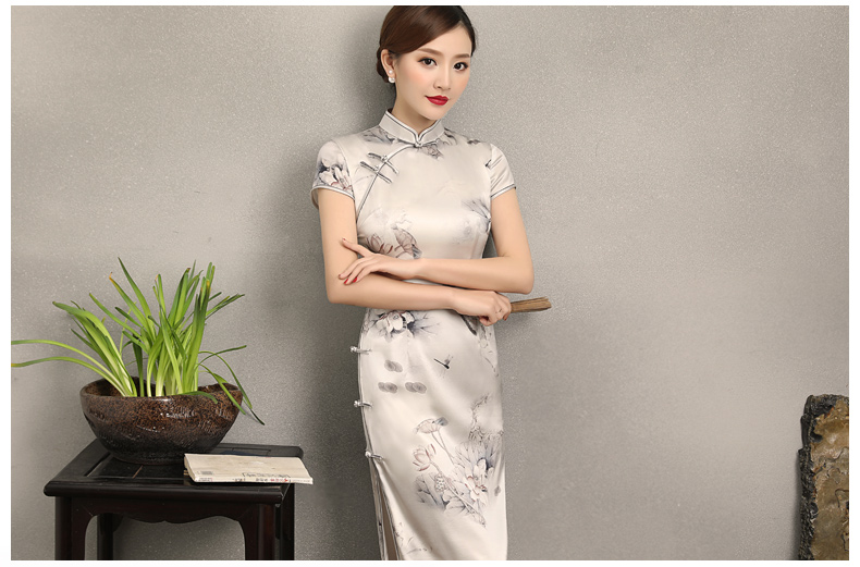 荷香四溢短袖旗袍，中式印花旗袍裙