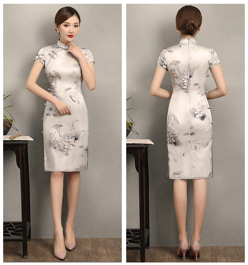 荷香四溢短袖旗袍，中式印花旗袍裙