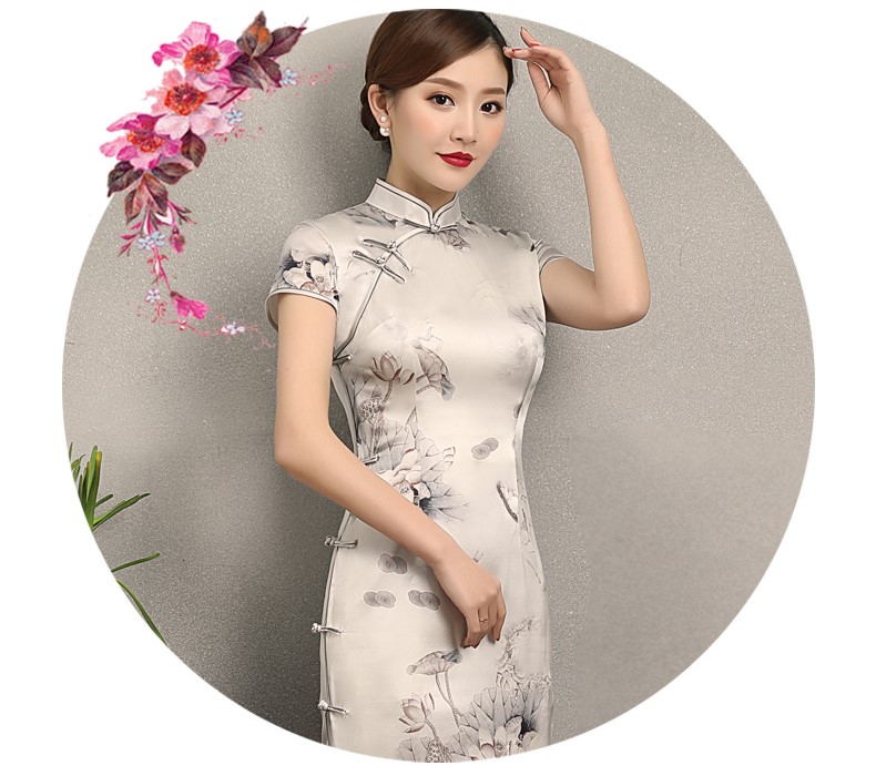 荷香四溢短袖旗袍，中式印花旗袍裙