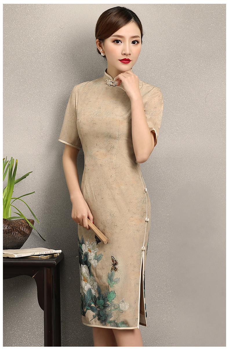 復(fù)古韻味旗袍，牡丹蝶香旗袍裙