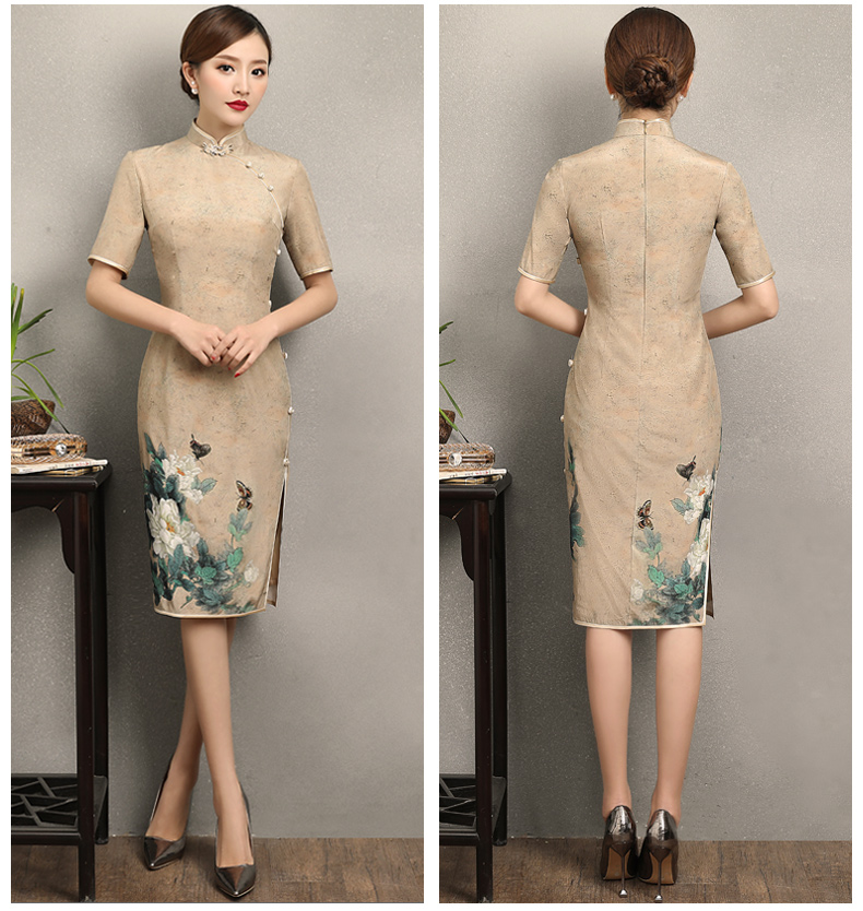 復(fù)古韻味旗袍，牡丹蝶香旗袍裙
