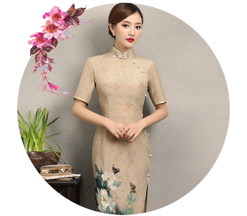 復(fù)古韻味旗袍，牡丹蝶香旗袍裙