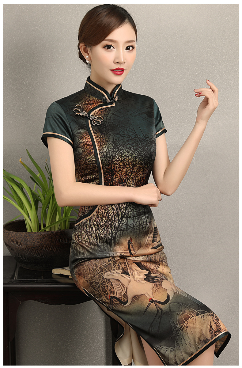 福連文苑仙鶴飛舞旗袍，優(yōu)雅古典修身旗袍裙