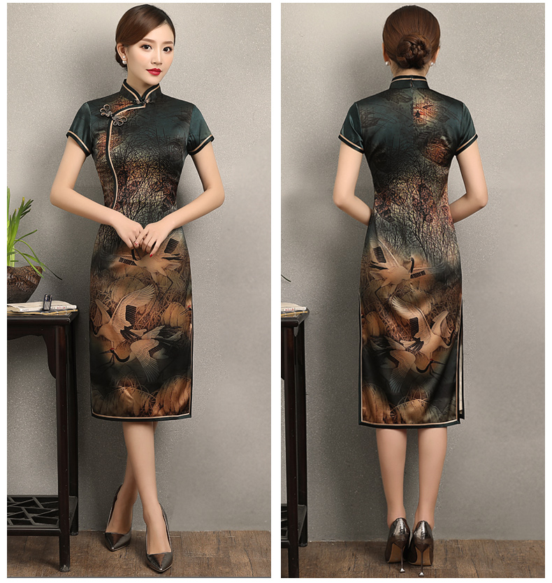 福連文苑仙鶴飛舞旗袍，優(yōu)雅古典修身旗袍裙