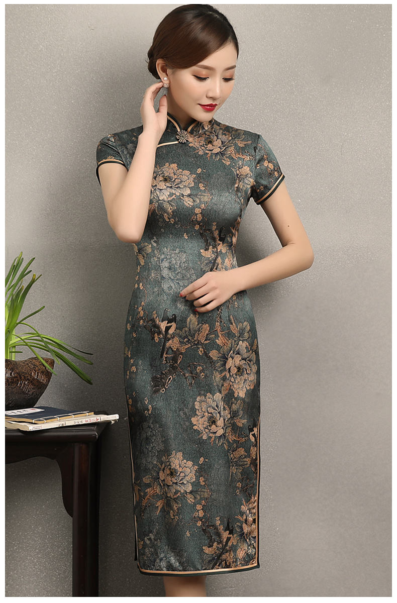 福連文苑花牡丹旗袍，復(fù)古典雅修身旗袍裙